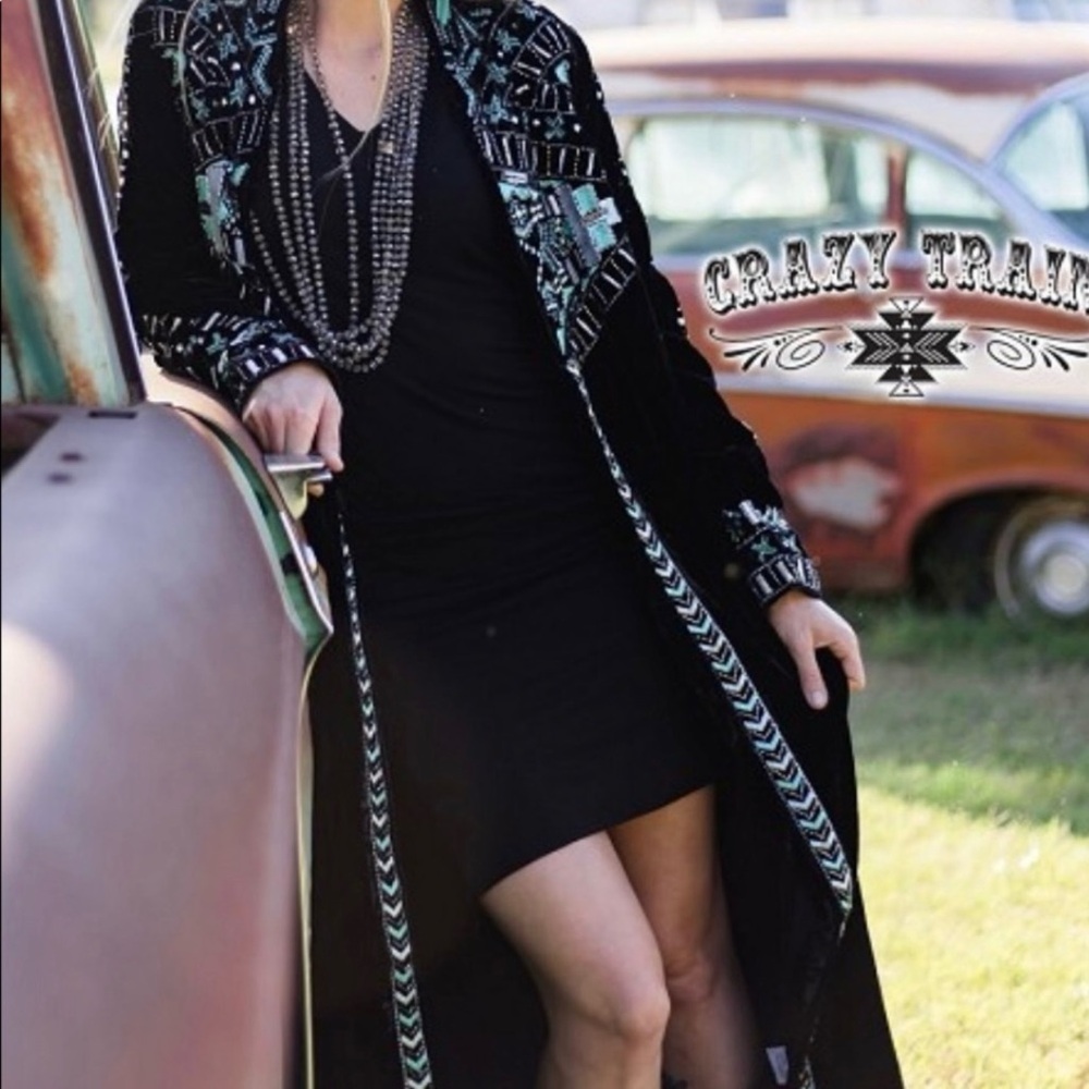 Crazy Train Black Embroidered Maxi  Velvet Duster with Teal Accents